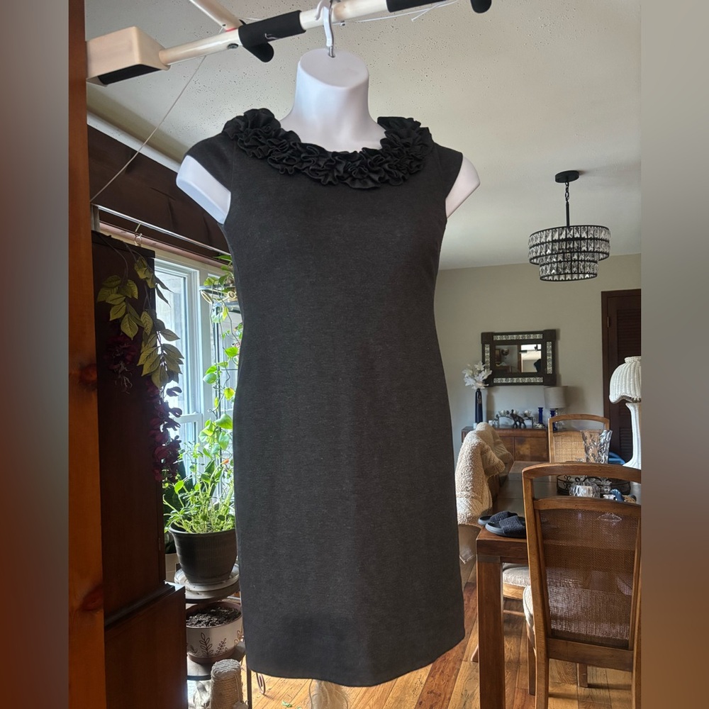Y2K Cache Charcoal Gray Bodycon Dress with Flower Detail Neckline Size 4